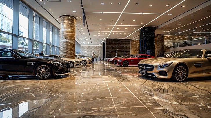 Luxury cars on the floor of showroom